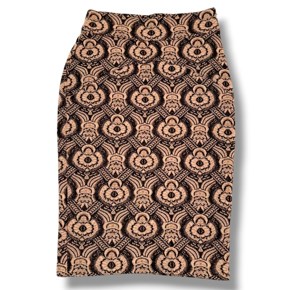 Diane von Furstenberg Pencil Skirt Womens 2 Black Gold Damask Metallic Knit Midi